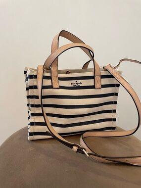 Kate Spade Navy/Cream Striped Canvas Bag with Leather Handles/Strap